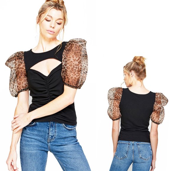 Paris Peek-A-Boo Leopard Puff Sleeve Top  - WT1042 - Picture 1 of 6